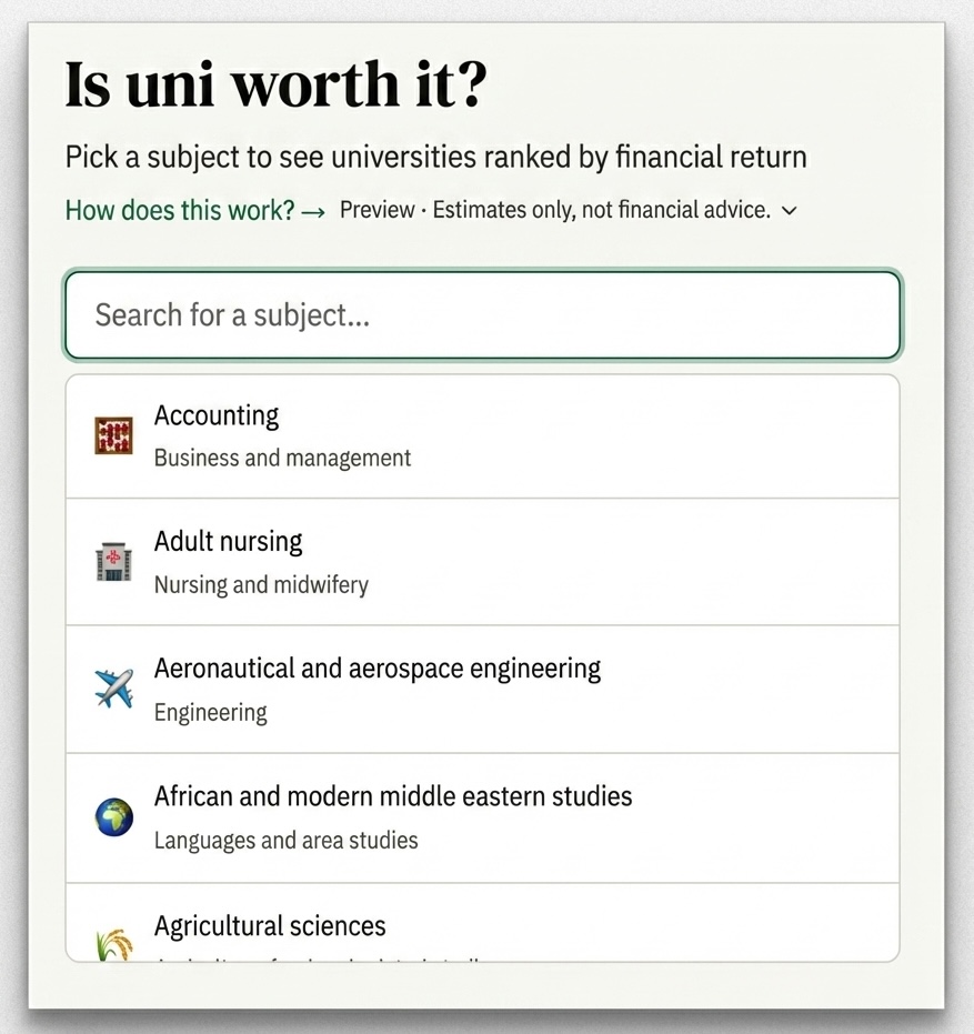The Is Uni Worth It? app: a subject picker asking 'Is uni worth it?' with a search field and a list of subjects including Accounting, Adult nursing, and Aeronautical and aerospace engineering