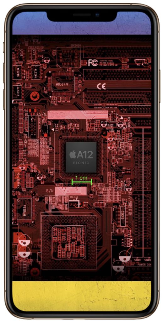 Illustrative scale of the A12 chip in the iPhone XS Max, which has 6.9 billion transistors